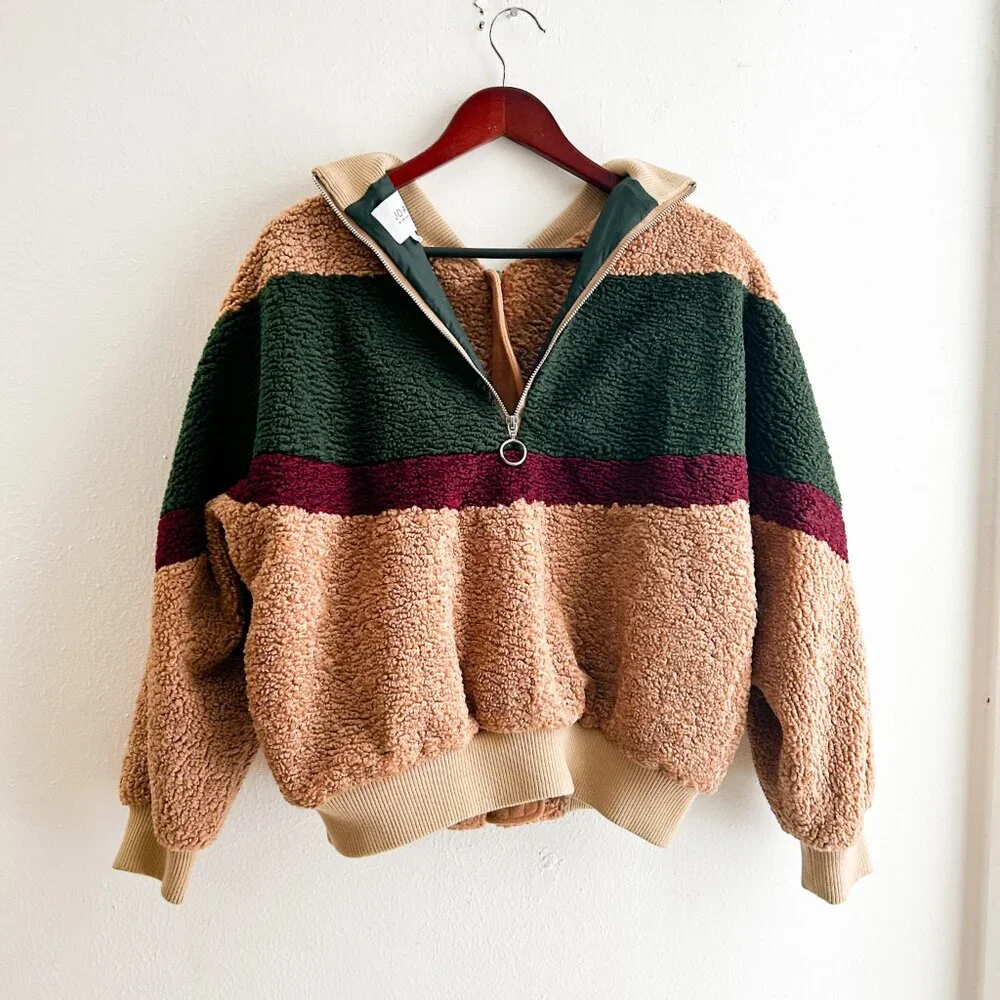 REVOLVE X J.O.A. Colorblock Teddy Faux Fur Jacket In Beige‎ & Forest SZ Small - Picture 6 of 11